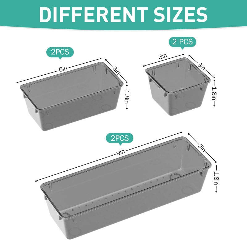 WOWBOX 6 Pack Clear Drawer Organizer Set  Acrylic Drawer Storage Trays  Storage Bins for Makeup  Cosmetics  Jewelries  Utensils  Gadgets  Office  Black - Image 2